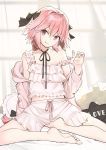  1boy absurdres astolfo_(fate) bangs bare_shoulders barefoot black_bow black_ribbon blush bow braid closed_mouth collarbone fate/apocrypha fate_(series) frills hair_bow hair_intakes highres jacket legs long_braid long_hair looking_at_viewer multicolored_hair navel neck_ribbon off_shoulder omucchan_(omutyuan) otoko_no_ko pillow pink_hair pink_jacket ribbon shorts single_braid sitting smile solo strap_pull streaked_hair toes violet_eyes white_camisole white_hair white_shorts 