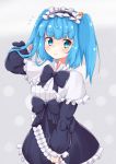  1girl alternate_costume arm_up bangs blue_bow blue_eyes blue_hair blue_hairband blue_neckwear blue_skirt blush bow bowtie capelet commentary_request cowboy_shot eyebrows_visible_through_hair flying_sweatdrops frilled_capelet frilled_hairband frills grey_background hair_bobbles hair_ornament hairband hand_in_hair kawashiro_nitori lolita_hairband long_hair long_sleeves looking_at_viewer petticoat puffy_sleeves rururiaru skirt smile solo standing touhou two_side_up white_capelet 