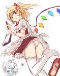 1girl alternate_costume apron ass bangs blonde_hair commentary_request dress enmaided eyebrows_visible_through_hair feet_out_of_frame flandre_scarlet frilled_apron frills hair_ribbon hand_up holding holding_pen looking_at_viewer maid maid_apron miyo_(ranthath) no_hat no_headwear one_side_up panties pantyshot pen petticoat puffy_short_sleeves puffy_sleeves red_dress red_eyes red_footwear red_ribbon ribbon shirt shoes shoes_removed short_dress short_hair short_sleeves simple_background solo thigh-highs thighs touhou underwear waist_apron white_apron white_background white_legwear white_panties white_shirt wings wrist_cuffs 
