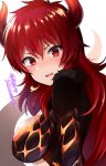  1girl bangs blush breasts dola_(nijisanji) dragon_girl fang from_side fur_collar gomashi_(goma) horns large_breasts long_hair looking_at_viewer nijisanji open_mouth red_eyes redhead sweatdrop translated virtual_youtuber 