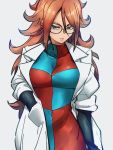  1girl android_21 black-framed_eyewear blue_eyes breasts checkered checkered_dress dragon_ball dragon_ball_fighterz dress earrings glasses grey_background hand_in_pocket hoop_earrings jewelry kemachiku labcoat long_hair looking_at_viewer medium_breasts redhead simple_background solo 