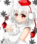  1girl animal_ears bare_shoulders blush breasts closed_mouth detached_sleeves exp_okt eyebrows_visible_through_hair hand_on_own_chest hat highres inubashiri_momiji leaf leaf_background looking_at_viewer medium_breasts pom_pom_(clothes) red_eyes shirt short_hair silver_hair simple_background sleeveless sleeveless_shirt smile solo tokin_hat touhou turtleneck white_background white_shirt wolf_ears 
