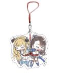  2girls beatrix_(granblue_fantasy) blonde_hair bound bound_together brown_hair chibi draph granblue_fantasy horns keychain motitoy multiple_girls rastina rope skirt suspension thigh-highs tied_up white_background 