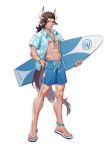  1boy absurdres animal_ears anklet arknights blue_shirt brown_hair cow_ears cow_horns full_body hawaiian_shirt highres horns jewelry lifeguard long_hair male_focus male_swimwear matterhorn_(arknights) midriff mo_si_(z1216150815) muscle navel open_clothes open_shirt sandals scar shirt simple_background standing surfboard swim_trunks swimwear tail watch watch whistle white_background 