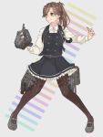  1girl alternate_hairstyle arashio_(kantai_collection) bangs black_legwear brown_eyes brown_hair crime_prevention_buzzer dress frilled_dress frills full_body grey_background grey_footwear handa_(jdox) kantai_collection long_hair long_sleeves looking_to_the_side pantyhose pin pinafore_dress ponytail protected_link remodel_(kantai_collection) rigging school_uniform searchlight shirt shoes simple_background solo swept_bangs thigh_strap torpedo torpedo_tubes turret white_shirt 