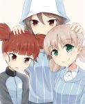  3girls :o aki_(girls_und_panzer) bangs blue_headwear blue_jacket blue_shirt brown_eyes brown_hair closed_mouth commentary dress_shirt eyebrows_visible_through_hair girls_und_panzer green_eyes hair_tie hand_on_another&#039;s_head hat head_tilt highres jacket keizoku_military_uniform keizoku_school_uniform light_blush light_brown_hair long_hair long_sleeves looking_at_viewer mika_(girls_und_panzer) mikko_(girls_und_panzer) military military_uniform multiple_girls nenosame open_mouth red_eyes redhead school_uniform shirt short_hair short_twintails side-by-side smile striped striped_shirt track_jacket twintails uniform upper_body vertical-striped_shirt vertical_stripes white_shirt 