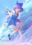  1girl :d bangs blue_bow blue_dress blue_eyes blue_footwear blue_hair bow cirno clio_(dabingshi_clio_da) dress eyebrows_visible_through_hair hair_bow hand_up ice ice_wings looking_at_viewer mary_janes neck_ribbon open_mouth petticoat pinafore_dress red_neckwear red_ribbon ribbon shirt shoes short_hair short_sleeves smile socks solo touhou white_legwear white_shirt wings 