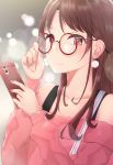  1girl absurdres adjusting_eyewear blurry blurry_background brown-framed_eyewear brown_hair cellphone earrings glasses grey_background highres jewelry long_hair long_sleeves off-shoulder_shirt off_shoulder original phone red_eyes sakkama shirt sweater upper_body 