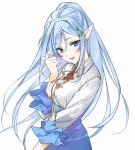 1girl :d absurdres artist_request bangs blue_eyes blue_hair blush bow bowtie breasts cowboy_shot elf eyebrows_visible_through_hair flower frilled_sleeves frills hair_flower hair_ornament half_updo hand_up head_tilt highres himajin_maou_no_sugata_de_isekai_e lips long_hair looking_at_viewer open_mouth parted_bangs pointy_ears ryue_(himajin_maou_no_sugata_de_isekai_e) shirt simple_background smile solo teeth white_background white_shirt 