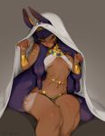  1girl absurdres animal_ears artist_name bangs blanket blush bracelet breasts breasts_apart dark_skin earrings egyptian egyptian_clothes facepaint facial_mark fate/grand_order fate_(series) grey_background highres hoop_earrings jackal_ears jewelry legs_together long_hair looking_at_viewer low-tied_long_hair medium_breasts navel nitocris_(fate/grand_order) purple_hair shy signature simple_background sitting smile solo under_covers usekh_collar venusflower very_long_hair violet_eyes 