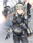  1girl bangs belt black_bodysuit blurry blurry_background bodysuit breasts breasts_apart drone gia grey_eyes grey_hair gun hair_between_eyes headphones highres holding holding_gun holding_weapon impossible_clothes looking_at_viewer mechanical_hands medium_breasts original outdoors short_hair short_hair_with_long_locks solo standing thigh_strap weapon 