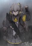  absurdres bleeding blood brown_eyes brown_hair clenched_hand girls_frontline gun highres holding holding_gun holding_weapon jacket long_hair rain scar side_ponytail takoongyi ump45_(girls_frontline) weapon 