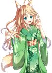  1girl :d animal_ear_fluff animal_ears bangs blonde_hair blue_eyes blush commentary_request eyebrows_visible_through_hair fox_ears fox_girl fox_tail green_kimono hands_up highres japanese_clothes kimono long_hair long_sleeves obi open_mouth original print_kimono round_teeth sash simple_background smile solo tail teeth tsuyukina_fuzuki upper_teeth v-shaped_eyebrows very_long_hair white_background wide_sleeves 