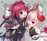  2girls :d absurdres bangs black_capelet black_dress black_shirt blue_eyes blush bow brown_wings capelet collared_dress commentary_request crescent crescent_hair_ornament curled_horns debidebi_debiru demon demon_girl demon_horns demon_wings dress emoji eyebrows_visible_through_hair fang fangs frilled_capelet frilled_dress frills hair_between_eyes hair_ornament heart heart_in_eye heterochromia highres horns long_hair looking_at_viewer makaino_ririmu multiple_girls neck_ribbon nijisanji open_mouth pointy_ears red_bow red_eyes red_ribbon red_wings redhead ribbon shirt sleeveless sleeveless_shirt smile symbol_in_eye very_long_hair virtual_youtuber wakagi_repa white_dress wings yuzuki_roa 