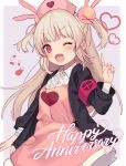  &gt;_&lt; 1girl :d apron armlet artist_request bandaged_arm bandages bangs black_jacket blonde_hair blush bunny_hair_ornament center_frills collared_dress cowboy_shot dress fang grey_background hair_ornament happy_birthday hat heart highres index_finger_raised jacket long_hair looking_at_viewer natori_sana nurse nurse_cap one_eye_closed open_mouth pill pink_apron pink_eyes pink_headwear sana_channel smile solo two-tone_background two_side_up v-shaped_eyebrows virtual_youtuber white_dress 