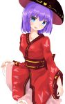  1girl blue_eyes bowl bowl_hat fujiko_(emnprmn) hat highres japanese_clothes kimono purple_hair sitting smile solo sukuna_shinmyoumaru touhou yukata 