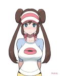  1girl blue_eyes blush bow brown_hair calendarv closed_mouth collarbone dated double_bun highres long_hair looking_at_viewer mei_(pokemon) nose_blush pink_bow pokemon pokemon_(game) pokemon_bw2 raglan_sleeves shirt short_sleeves shorts simple_background solo t-shirt twintails upper_body very_long_hair visor_cap white_background yellow_shorts 