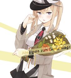  1girl black_skirt bouquet breasts collared_shirt enu_(roco_roco44) flower german_text graf_zeppelin_(kantai_collection) grey_jacket hat iron_cross jacket kantai_collection long_sleeves medium_breasts military_hat necktie open_clothes open_jacket peaked_cap red_flower red_neckwear shirt skirt solo translated white_flower white_headwear white_shirt wide_sleeves yellow_flower 