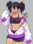  1girl agawa_ryou bike_shorts black_bra black_hair bra breasts commentary dated english_commentary gradient_hair grey_background hair_between_eyes hair_bobbles hair_ornament hood jacket loose_clothes medium_breasts multicolored_hair navel open_clothes open_jacket open_mouth original purple_bra purple_hair short_twintails signature sleeves_past_wrists solo sports_bra standing tan toned track_jacket twintails two-tone_bra underwear violet_eyes 