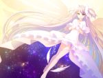  1girl absurdly_long_hair atsukan beige_background breasts choker collarbone dress dutch_angle eyebrows_visible_through_hair floating_hair frilled_dress frills full_body galaxy gloves goddess_madoka gradient gradient_background half-closed_eyes hands_clasped happy highres kaname_madoka legs_together long_dress long_hair looking_away mahou_shoujo_madoka_magica orange_background own_hands_together pink_hair pink_legwear polka_dot polka_dot_background ribbon ribbon_hair shiny shiny_hair sidelocks simple_background sky small_breasts smile solo star_(sky) starry_sky starry_sky_print straight_hair thigh-highs two_side_up very_long_hair white_background white_choker white_dress white_gloves white_neckwear white_ribbon wide_sleeves wings yellow_background yellow_eyes zettai_ryouiki 