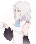  1girl blue_neckwear breasts captain_yue check_copyright commentary_request detached_sleeves eyebrows_visible_through_hair from_side highres holding large_breasts long_hair nijisanji see-through shirt simple_background sleeveless sleeveless_shirt solo virtual_youtuber white_background white_hair white_shirt 