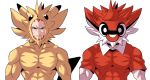  1boy ball_guy ball_guy_(cosplay) beard cosplay facial_hair fleur-de-lis_(pokemon) frown grey_eyes konno_tohiro male_focus mask muscle orange_hair pikachu pikachu_(cosplay) pokemon pokemon_(game) spiky_hair white_background 