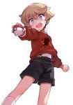  1boy brown_hair holding holding_poke_ball looking_at_viewer open_mouth outstretched_hand poke_ball poke_ball_(generic) pokemon pokemon_(game) pokemon_swsh print_sweater short_hair shorts smile solo soto suspender_shorts suspenders sweater youngster_(pokemon) 