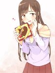  1girl :d bangs blush brown_eyes brown_hair candy chocolate chocolate_heart enu_(roco_roco44) eyebrows_visible_through_hair flower food gift heart holding holding_gift idolmaster idolmaster_cinderella_girls long_hair long_sleeves looking_at_viewer mizumoto_yukari open_mouth pleated_skirt purple_shirt red_flower red_rose red_skirt rose shirt skirt smile solo very_long_hair 