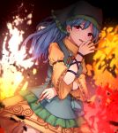  1girl :d absurdres apron between_fingers black_headwear blue_apron blue_hair commentary_request cowboy_shot dress eyebrows_visible_through_hair fire frilled_apron frills haniyasushin_keiki head_scarf highres holding jewelry long_hair long_sleeves looking_at_viewer magatama_necklace mozuno_(mozya_7) necklace open_mouth smile solo tools touhou violet_eyes wide_sleeves wristband yellow_dress 