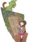  1girl backpack bag brown_eyes brown_hair cardigan door dress gen_8_pokemon green_headwear grey_cardigan grookey hat highres long_sleeves mhydrate pokemon pokemon_(creature) pokemon_(game) pokemon_swsh short_hair tam_o&#039;_shanter yuuri_(pokemon) 