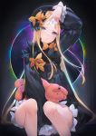  1girl abigail_williams_(fate/grand_order) bangs black_bow black_dress black_headwear blonde_hair blue_eyes blush bow breasts dress fate/grand_order fate_(series) forehead frills hair_bow hand_up highres keyhole long_hair long_sleeves looking_at_viewer mhk_(mechamania) open_mouth orange_bow parted_bangs portal_(object) ribbed_dress sitting sleeves_past_wrists small_breasts solo space star_(sky) stuffed_animal stuffed_toy teddy_bear v white_bloomers 
