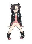  1girl black_hair black_jacket black_nails blue_eyes blush choker dress earrings highres jacket jewelry mary_(pokemon) pink_dress pokemon pokemon_(game) pokemon_swsh sitting white_background zero_(miraichizu) 