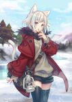  1girl :o animal_ear_fluff animal_ears bag belt_buckle black_legwear black_shorts blue_eyes buckle cat_ears clouds coat commentary_request extra_ears eyebrows_visible_through_hair finger_to_mouth forest frozen_lake highres jacket lantern mountainous_horizon nature original outdoors pine_tree red_jacket short_hair short_shorts shorts shoulder_bag sky snow snowing sweater thigh-highs tree whistle whistle_around_neck white_hair winter winter_clothes winter_coat zoff_(daria) 