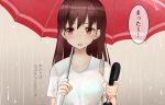  1girl blush breasts brown_hair commentary commentary_request gradient gradient_background highres holding holding_umbrella kantai_collection kiyu_fuyuki large_breasts long_hair looking_at_viewer ooi_(kantai_collection) open_mouth rain red_eyes red_umbrella see-through shirt solo translated umbrella wet white_shirt 
