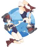  2girls air_bubble animal bangs bare_arms bare_shoulders black_hair blue_swimsuit blush boots breasts brown_footwear bubble closed_mouth enu_(roco_roco44) eyebrows_visible_through_hair fish framed_breasts grey_headwear hair_between_eyes holding_hands i-13_(kantai_collection) i-14_(kantai_collection) kantai_collection multiple_girls open_mouth rudder_footwear sailor_collar shirt sleeveless sleeveless_shirt small_breasts smile swimsuit toeless_boots upside-down white_sailor_collar white_shirt yellow_eyes 