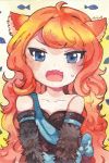  animal_ears bare_shoulders black_dress blue_bow blue_eyes bow cat_ears dress dungeon_and_fighter elda_(dungeon_and_fighter) fish_background fur_sleeves highres multicolored_hair redhead revanche signature sweatdrop traditional_media tsurime watercolor_(medium) wavy_hair wavy_mouth 