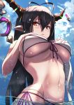  1girl announ_(kurotya) antenna_hair bandaged_arm bandages bikini black_hair blue_sky blush breasts clouds danua day draph front-tie_bikini front-tie_top granblue_fantasy groin hair_between_eyes head_out_of_frame highres horn_ornament horns large_breasts long_hair looking_at_viewer navel outdoors pointy_ears purple_hair red_eyes side-tie_bikini skindentation sky solo stomach swimsuit toned under_boob wading wet 