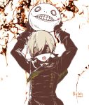  1boy black_coat black_gloves blonde_hair choker coat cosplay emil_(nier) gloves hand_up highres male_focus meithyst nier:automata nier_(series) open_mouth short_hair solo upper_body yorha_no._9_type_s 