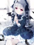  1girl bangs black_bow black_dress black_feathers black_headwear black_ribbon black_wings blunt_bangs blurry blurry_background blush bonnet bow brooch closed_mouth commentary demon_wings depth_of_field doll_joints dress english_commentary eyebrows_visible_through_hair feathers glint gothic_lolita hair_ribbon hands_up jewelry juliet_sleeves lolita_fashion long_hair long_sleeves looking_at_viewer original puffy_sleeves ribbon silver_hair solo twitter_username umino_(umino00) very_long_hair violet_eyes wings 