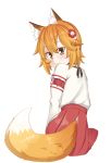  :3 animal_ears easy_(aqk7bdqt) eyebrows_visible_through_hair flower fox_ears fox_tail hair_flower hair_ornament hakama japanese_clothes looking_at_viewer looking_back medium_hair miko red_hakama redhead senko_(sewayaki_kitsune_no_senko-san) sewayaki_kitsune_no_senko-san sitting_on_ground tail white_background yellow_eyes 