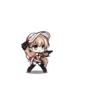  1girl alternate_costume animated bangs black_footwear black_legwear blonde_hair blush blush_stickers boots breasts center_opening checkered checkered_flag clothes_writing cross cross_earrings dress earrings elbow_gloves fingerless_gloves flag full_body girls_frontline gloves gun hair_between_eyes hair_ornament handgun holding holding_flag holding_gun holding_weapon holster jewelry light_brown_hair long_hair lowres official_art pistol ppk_(girls_frontline) racequeen saru short_dress sidelocks sleeveless sleeveless_dress smile solo thigh-highs trigger_discipline visor_cap walther walther_ppk weapon white_headwear 