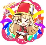  &gt;_o 1girl arms_up bang_dream! birthday blonde_hair blush_stickers boots breasts chibi commentary_request confetti english_text epaulettes eyebrows_visible_through_hair hasewox hat long_hair marching_band medium_breasts michelle_(bang_dream!) multicolored multicolored_background multicolored_clothes one_eye_closed open_mouth shako_cap standing standing_on_one_leg tagme thigh-highs thigh_boots tsurumaki_kokoro yellow_eyes zettai_ryouiki 