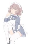  1girl akita_(20033203) brown_eyes brown_hair commentary garter_straps highres invisible_chair leg_up looking_at_viewer maid maid_headdress original short_hair sitting solid_circle_eyes solo thigh-highs white_background white_legwear 