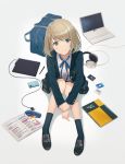  1girl bag blue_eyes card cellphone computer headphones hyuuga_azuri laptop light_brown_hair looking_at_viewer notebook original pencil_case phone ribbon school_bag school_uniform sitting smartphone smile solo stylus tablet_pc 