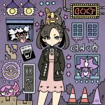  1girl against_wall arms_behind_back black_hair blue_eyes box cardboard_box ditto galarian_zigzagoon garouma gen_1_pokemon gen_8_pokemon highres impidimp mary_(pokemon) morpeko neon_lights pokemon pokemon_(game) pokemon_swsh toxel traffic_cone twintails window 