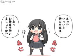  1girl asashio_(kantai_collection) ball black_hair black_legwear chibi commentary_request dress full_body goma_(yoku_yatta_hou_jane) grey_eyes kantai_collection long_hair long_sleeves neck_ribbon open_mouth pinafore_dress red_ribbon remodel_(kantai_collection) ribbon shirt simple_background solo standing thigh-highs translation_request twitter_username white_background white_shirt 