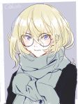  1girl bangs blonde_hair blue_eyes blush girls_und_panzer glasses highres inumoto medium_hair messy_hair oshida_(girls_und_panzer) scarf simple_background 