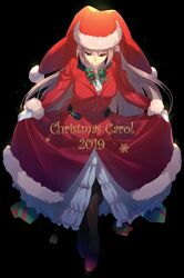  1girl black_background bow bowtie cis05 curtsey dress english_text fate/grand_order fate_(series) florence_nightingale_(fate/grand_order) florence_nightingale_santa_(fate/grand_order) fur-trimmed_sleeves fur_trim gift hat long_hair pantyhose pink_hair red_dress red_eyes santa_hat 