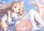  1girl :d animal_ear_fluff animal_ears ass bangs bare_shoulders blue_ribbon blue_sky blush breasts brown_hair clouds collarbone commentary_request day dress eyebrows_visible_through_hair hands_up highres long_hair medium_breasts milia_leclerc no_shoes off-shoulder_dress off_shoulder open_mouth original outdoors p19 petals ribbon sky smile soles solo tail thigh-highs very_long_hair violet_eyes white_dress white_legwear wide_sleeves 