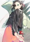  1girl asymmetrical_bangs asymmetrical_hair bangs black_hair black_jacket black_nails dress earrings green_eyes hair_ribbon highres holding holding_poke_ball jacket jewelry leather leather_jacket mary_(pokemon) pink_dress poke_ball pokemon pokemon_(game) pokemon_swsh poligon_(046) red_ribbon ribbon solo stud_earrings tyranitar undercut 